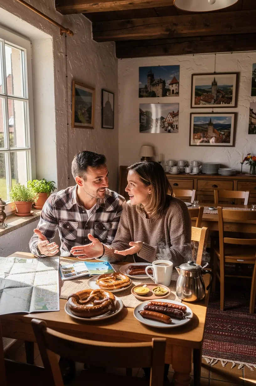 Touristen erkunden eine historische Altstadt mit Kopfsteinpflaster und traditionellen Gasthäusern.