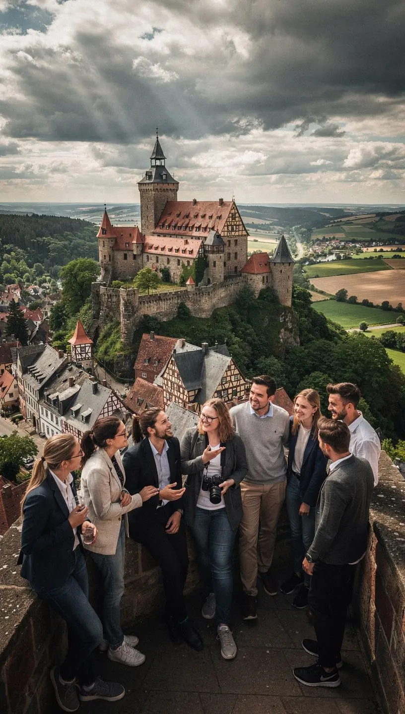 Familie genießt eine Führung durch eine Burg mit Erklärungen zu historischen Ereignissen und Architektur.