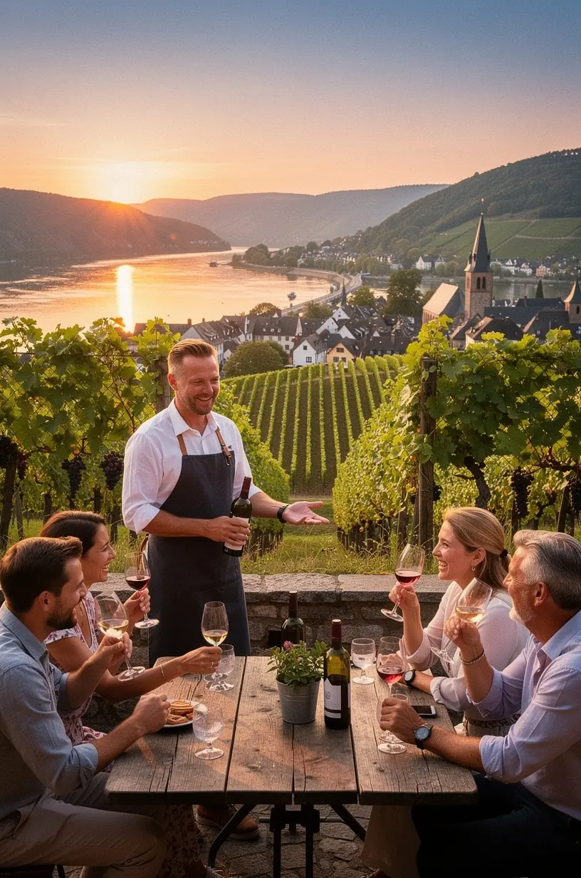 Panoramablick von einem Aussichtspunkt auf ein malerisches Tal mit Burgen und Fachwerkhäusern.